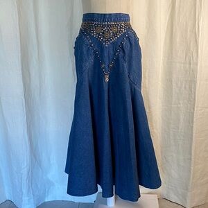 Vintage Denim Floral Beaded Embellished Skirt